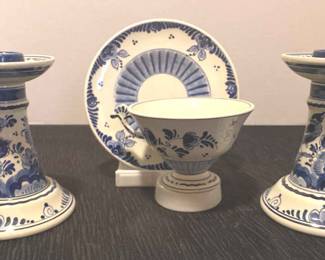 Delfts Bleau 2 Candlestick Holders Tea Cup Display.webp