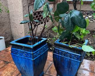 2 Stately Blue Tall Glazed Garden Pots