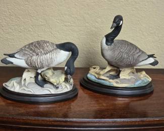 2 Boehm Porcelain Bisque Geese On Porcelain Stands