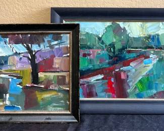 2 Abstract Outdoor Scenes Signed Paintings