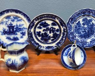 Blurred Blue Plates, Cup, Saucer Pitcher