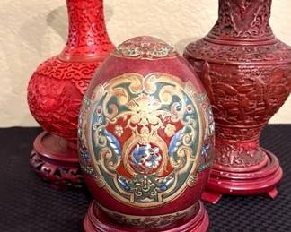 2 Carved Asian Vases W Satsuma Egg