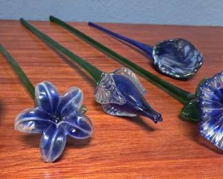 5 Hand Blown Flowers Blue Green