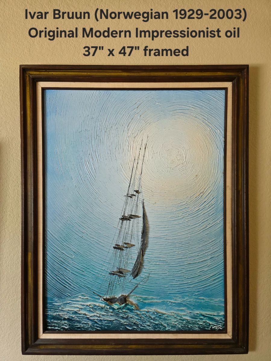Ivar Bruun original modern impressionist oil. Very Large (37" x 47" framed) Ivar Bruun was a Norwegian artist who lived from 1929 - 2003. His 3d style became known as Ivarism.