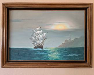 Original oil signed Gordon. Appears to be the Cutty Sark sailing around a point past a lighthouse. 43" x 31" framed.