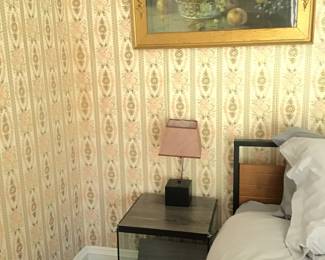 Nightstand, lamp, framed art