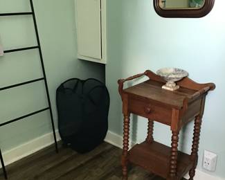 Antique wash stand, wall mirror, collapsible hamper, Japanese leaning ladder
