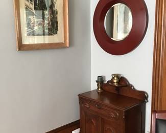 Victorian style washstand cabinet, framed art, circular mirror
