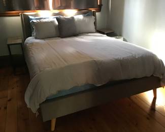 Little used queen mattress, bed frame, bedding