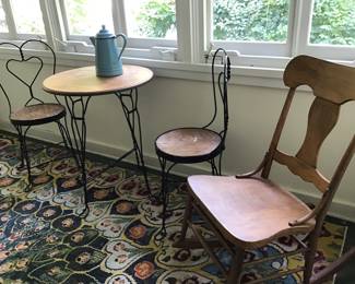 Bistro table and chairs, wooden chair, pitcher