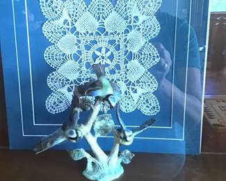 Framed lace art and ceramic piece