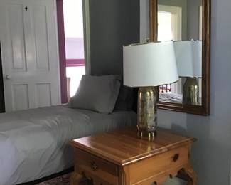 Little used twin mattress, bed frame, bedding, French provincial table, wall mirror, lamp