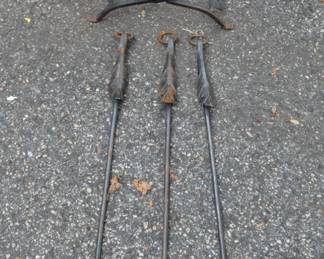 Hand forged fireplace tools with log rack