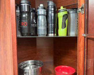 mixing bowls and water bottles