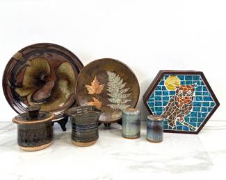 Lot 8496 Studio Pottery Plates Condiment Jar Creamer Mosaic Owl Box