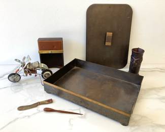 Lot 8464 Metal Desk PaperMail Tray Leather Pencil Cup Upcycled Can Motorcycle Etc