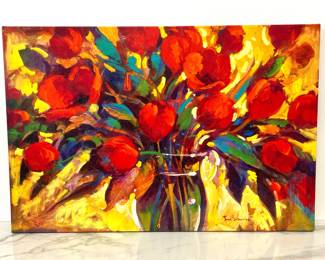 Lot 8408 Red Tulips Floral Simon Bull Signed Numbered Art Print on Canvas