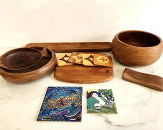 Lot 8510 MCM Wooden Serving Ware Coasters Art Tiles