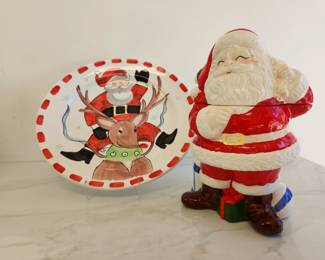 Lot 8302 Vietri Santa Reindeer Platter Santa Cookie Jar
