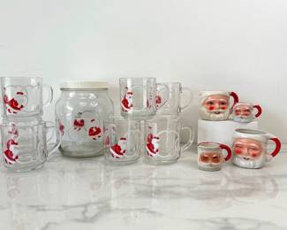 Lot 8221 Vintage Glass Ceramic Santa Mugs Lidded Jar