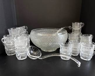 Lot 8330 Vintage Glass Hobnail Punch Bowl Set