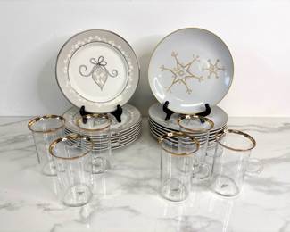 Lot 8195 Lenox tag Crate Barrel Christmas AppetizerDessert Plates Gold Rimmed Glasses