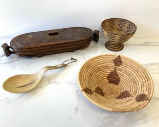 Lot 8470 Maori Carved Treasure Box Handwoven Baskets Antler Ladle