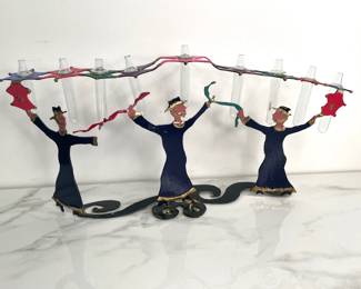 Lot 8433 Metal Three Dancers Hanukkah Menorah with Oil Glass Tubes