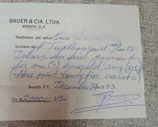 Original 1973 purchase receipt from Bauer & Cía., Bogotá, Colombia — confirming the ring’s provenance.