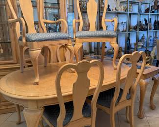 Light finish dining set: china cabinet, table with 6 chairs, server/buffet, sofa table