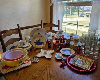 2 sets of Christmas China, Vintage Pyrex Mixing Bowls, Miscellaneous Christmas goodies.