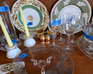 Decorative plates, cake plates, wine glasses, candle holders.....