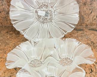 vintage Mikasa Sunflower Frost crystal glass serving platter and a divided relish bowl.