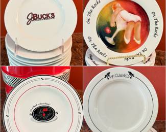 Appetizer /Dessert Plates — Vintage J Bucks Restaurant (4) — The Rocks" by Erika Oller for House of Prill. (8)—
P.F. Chang's China Bistro restaurant dessert plates (4)—Emeril Lagasse "Quotes" appetizer/dessert plates. (3 Sets) of 4