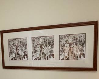 framed triptych of the limited edition print "Two More Indian Horses" by artist Bev Doolittle.