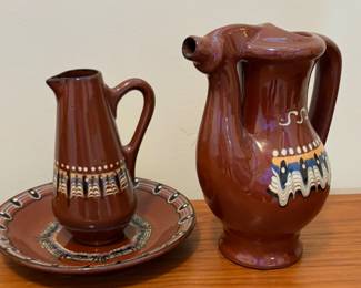 Vintage Bulgarian Troyan (Redware Pottery) Jug Pitcher and plate