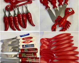 1) Boston warehouse set of spreaders
2)Zak Designs Melamine Crate &Barrel Desert Deep Red Spoons
3) Zak Red Dessert Spoons (8)
4 Sets of Spreaders