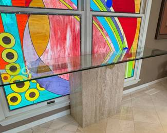 Modern Italian Artedi Travertine, Brass, and Glass