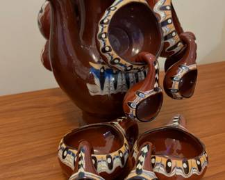 Vintage 1960s Bulgarian Troyan Drip Glazed Redware Decanter Pitcher and cups