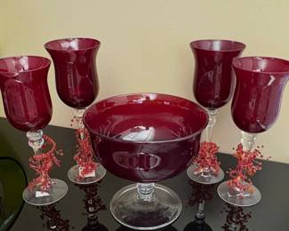 Ruby Red Crystal Candle Holders And Bowl