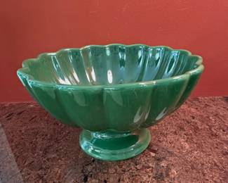 Crate & Barrel emerald green ceramic scalloped footed serving bowl.