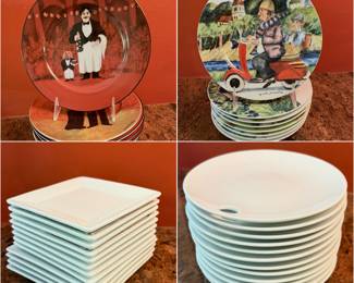 Williams Sonoma "Sommelier" salad/ appetizer plates & Perigord salad/dessert plates both by artist Guy Buffet —White Cooks and White Create and Barrel appetizer/dessert plates