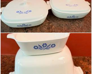 Two 1958 CORNING WARE Pyroceram Blue Cornflower Casserole Dish
(1st Generation) and two Vintage Corning Ware baking dishes (no lids)