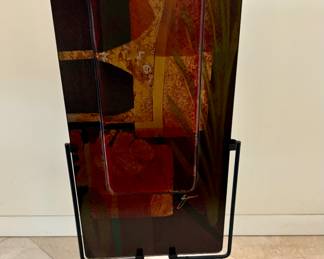 Jasmine Art Glass fused abstract decorative glass vase with a black metal stand. (Signed)