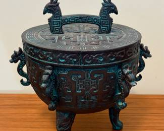 vintage James Mont ice bucket- cast metal with a verdigris bronze finish.