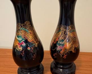pair of vintage Chinese Fuzhou black lacquerware vases (hand painted)