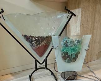 Vintage Fused Glass Geometric Triangular Pocket Vase in Wrought Iron Holder Modernist Glass