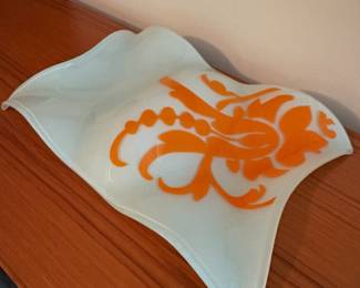 Orange wavy tray platter fused glass transfer design Mid Century Modern Art