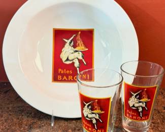 Pottery Barn "Vintage Posters" pasta serving bowl and matching glasses featuring the "Pâtes Baroni" graphic