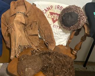 Vintage kids suede leather fringe jacket with coon skin cap